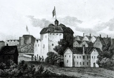 Das Globe Theatre am Bankside, wie es in der Regierungszeit von James I (1566-1625) 1672 erschien